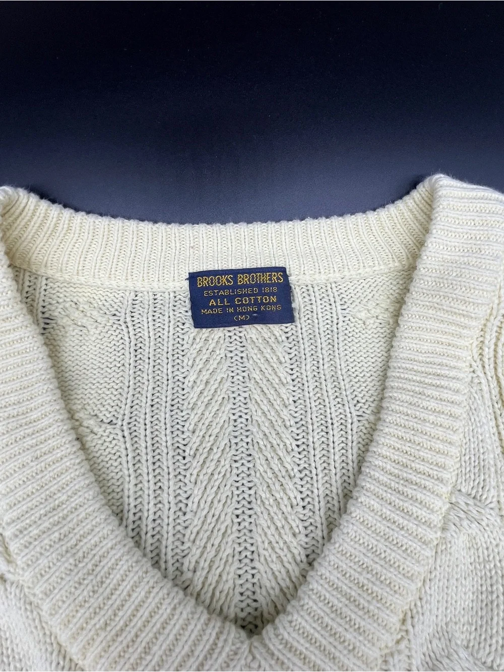 Brooks Brothers Vintage Cream V-Neck Cable Knit Sweater